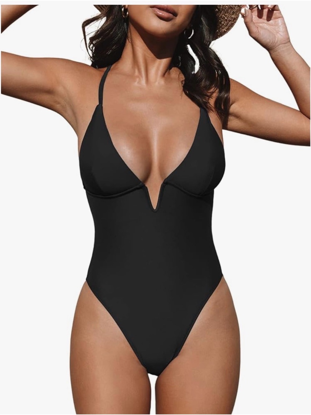 NWT Cupshe Black One Piece Swimsuit Large Deep V Neck Crisscross Back